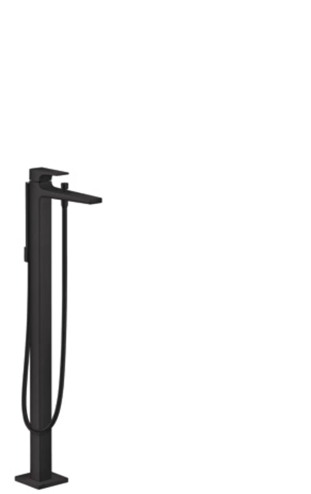 Bodenstehender Einhebel-Wannenmischer in mattschwarz von Hansgrohe mit einem Hebelgriff, der eine funktionale und stylische Badlösung darstellt.